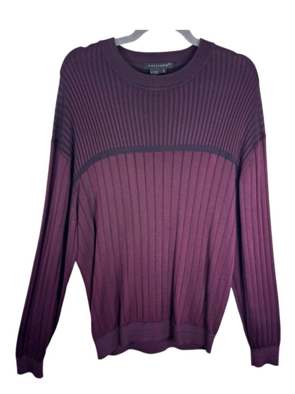 Tulliano Burgundy Black Ribbed Knit Long Sleeve Crew Pullover Sweater Men's Sz L